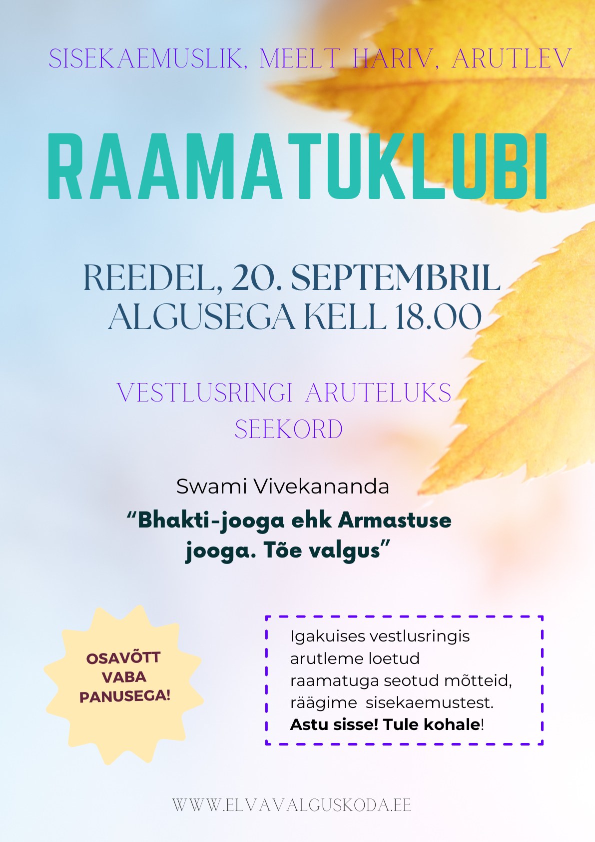 Raamatuklubi Elva Valguskojas 20.septembril kell 18.00